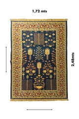 Alfombra rectangular azul oscuro de 1.72 x 2.48 metros con diseño floral ornamental y bordes decorativos