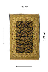 Alfombra decorativa de 1.20 x 1.90 metros en tonos negro y dorado con patrón vegetal repetitivo y marco floral elegante