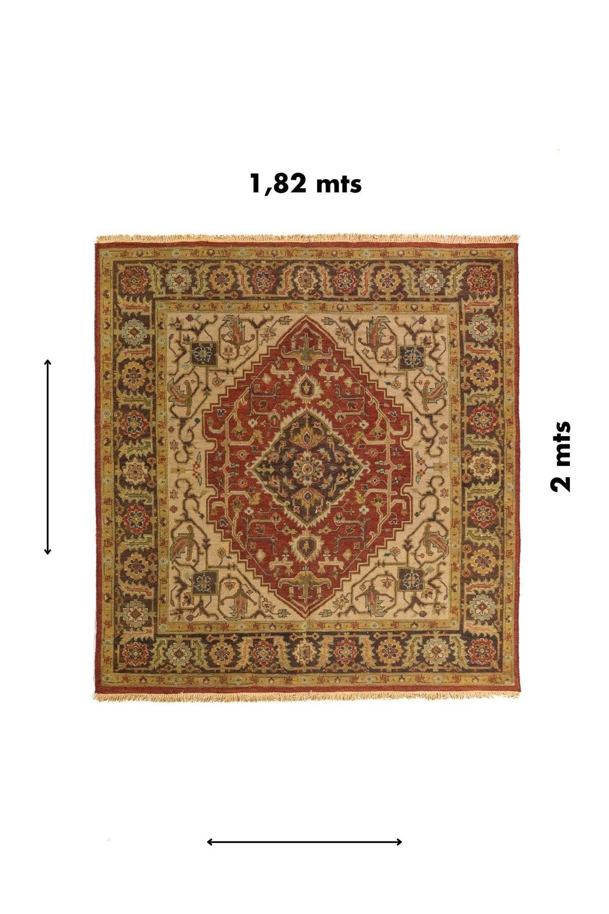 Alfombra oriental rectangular de 1.82 x 2 metros con medallón central rojo y cenefa floral tradicional