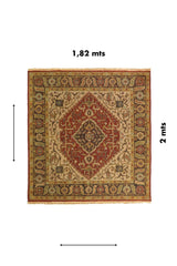 Alfombra oriental rectangular de 1.82 x 2 metros con medallón central rojo y cenefa floral tradicional