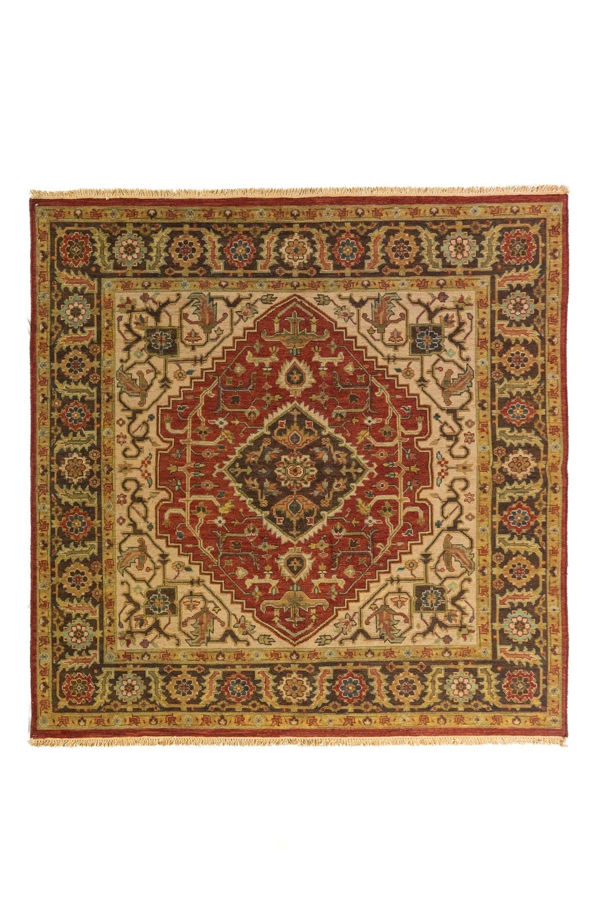 Alfombra oriental de diseño geométrico con medallón central rojo, detalles en beige y guarda decorativa en tonos marrón, azul y rojo.