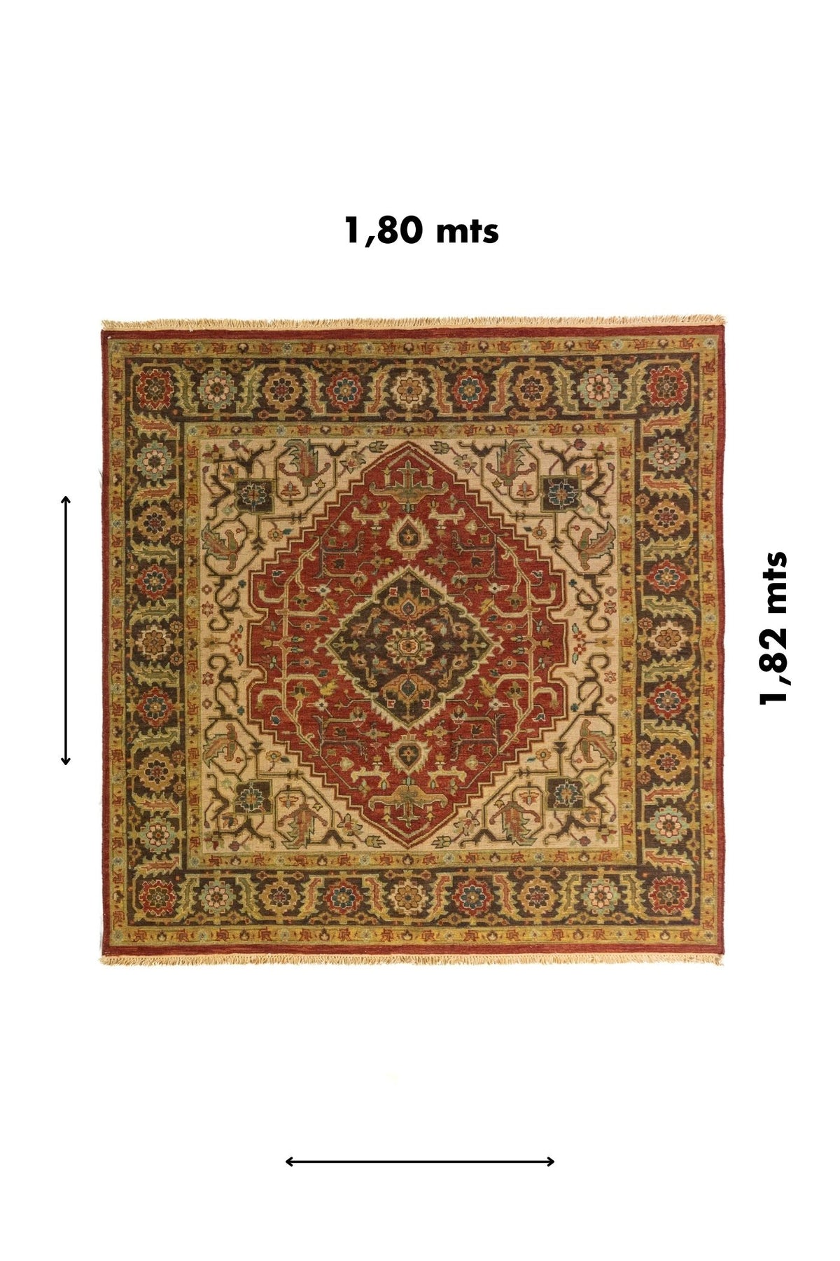 Alfombra oriental cuadrada con diseño geométrico tradicional y medida aproximada de 1.80 mts por 1.82 mts.