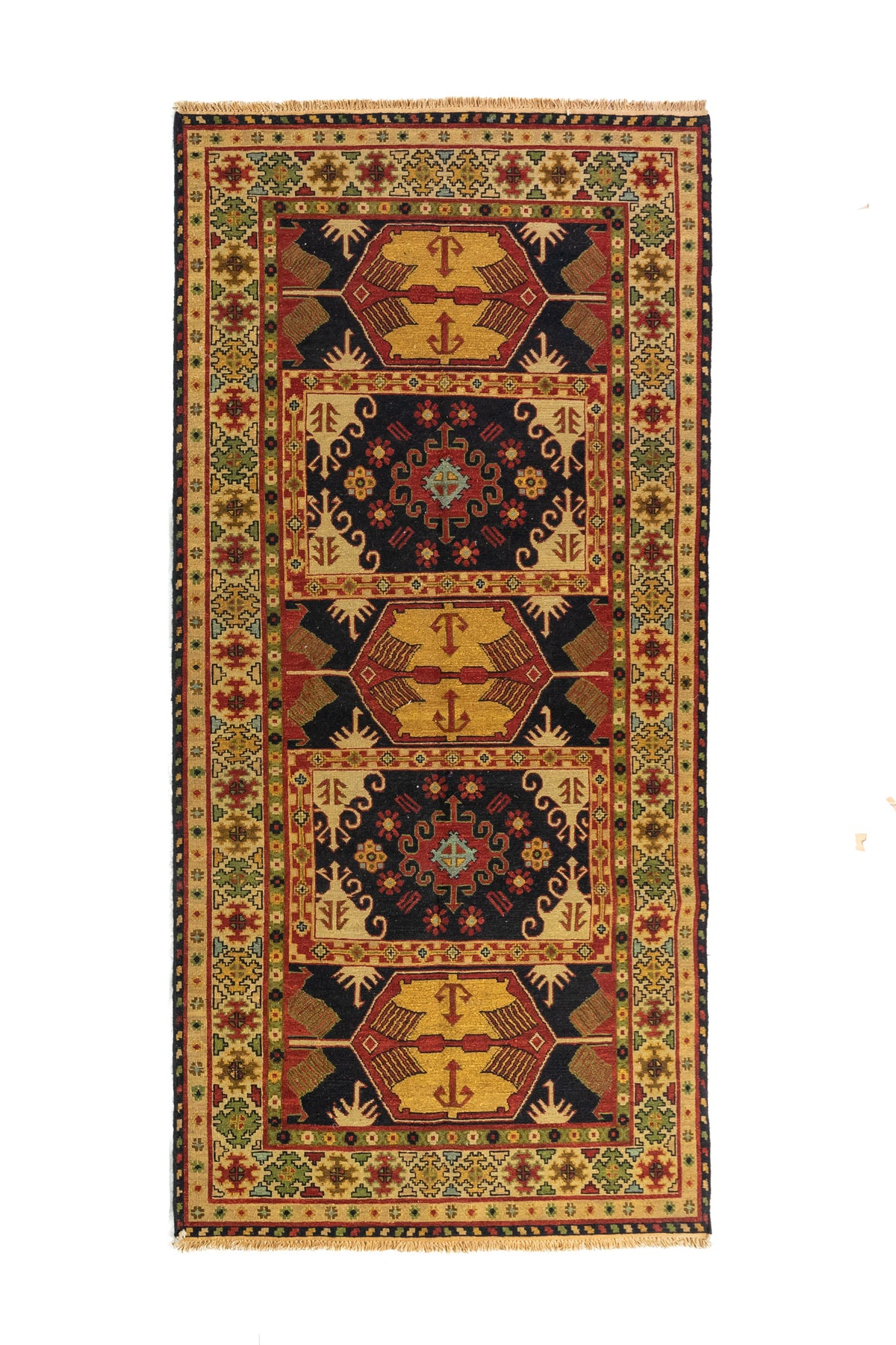 Alfombra tipo pasillo de estilo geométrico con fondo azul oscuro, detalles en rojo, beige y dorado, y guarda decorativa en todo el contorno.