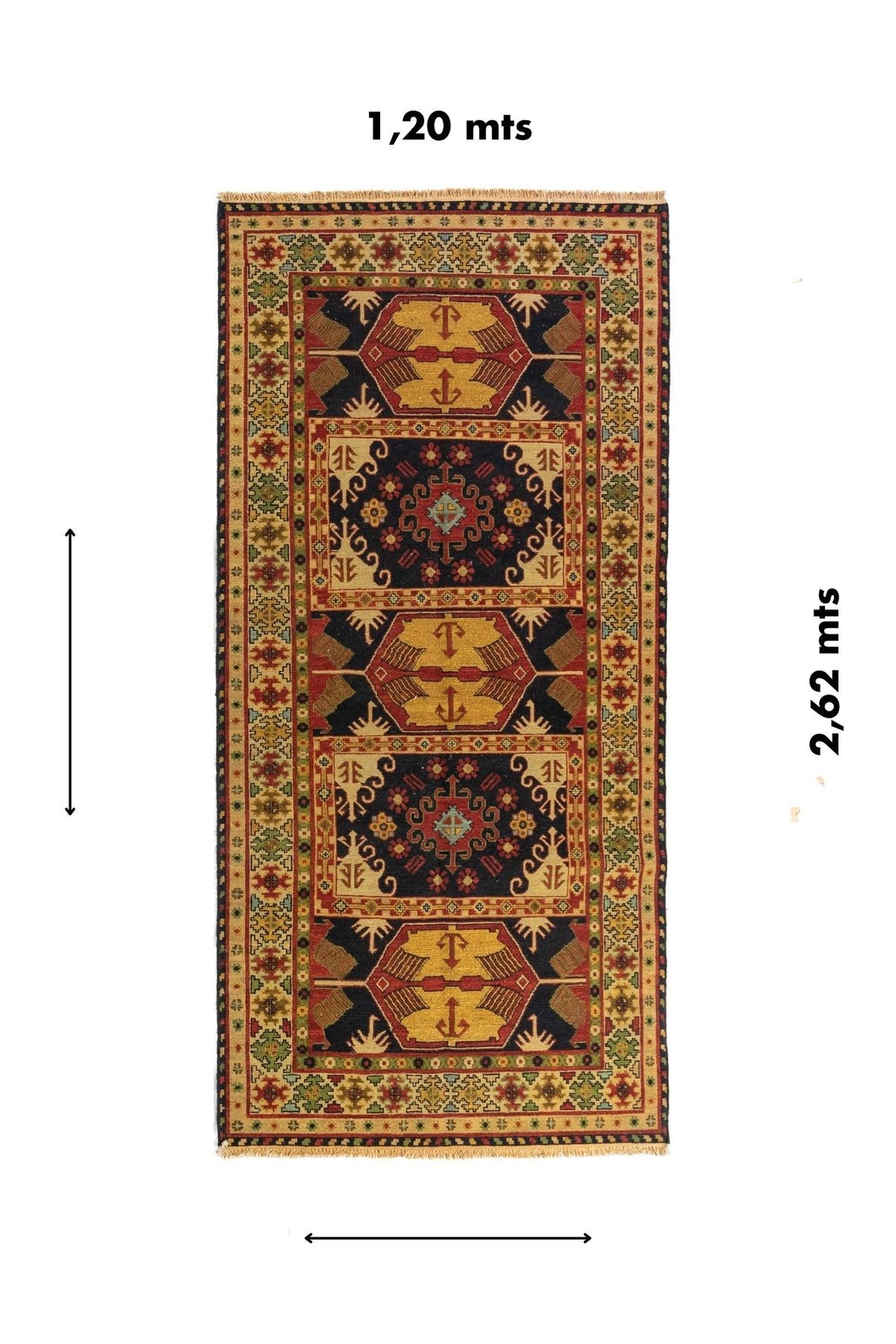 Alfombra tipo pasillo con diseño geométrico tradicional y medidas señaladas de 1.20 mts por 2.62 mts.
