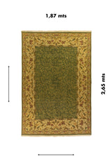 Alfombra clásica de 1.87 x 2.65 metros en tonos verde oscuro y beige con diseño vegetal simétrico y estilo sofisticado