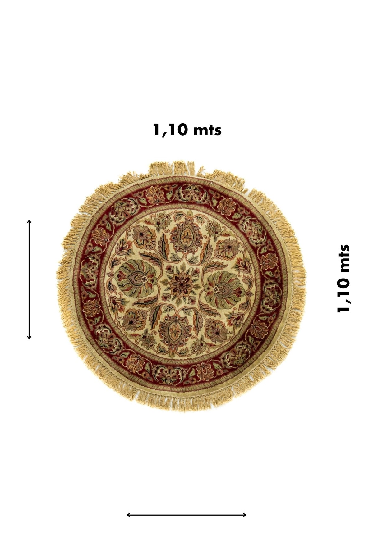 Alfombra redonda de 1,10 metros en tonos beige y rojo con diseño oriental y flecos alrededor.