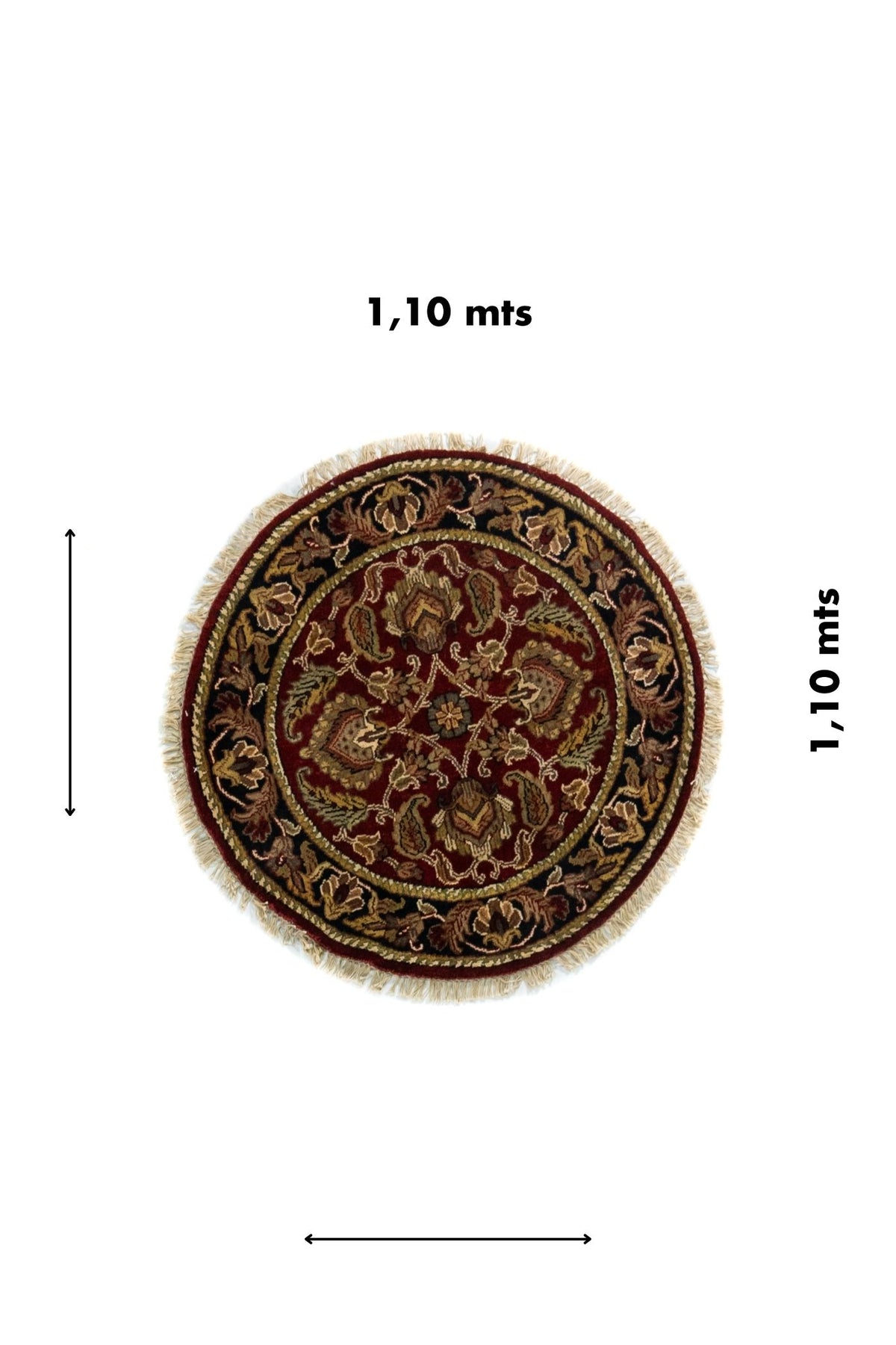 Alfombra redonda clásica de 1,10 metros en tonos rojo y negro con diseño oriental floral.