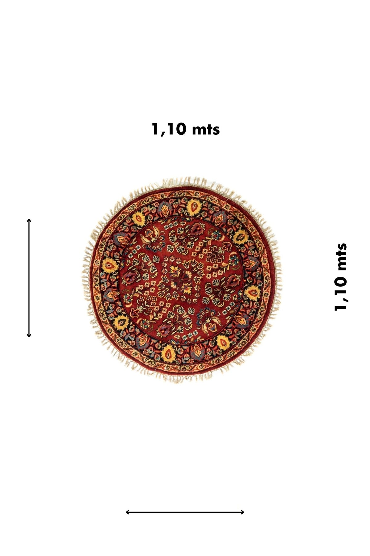 Alfombra redonda clásica de 1,10 metros en tonos rojo y azul oscuro con diseño floral oriental.