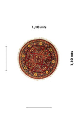 Alfombra redonda clásica de 1,10 metros en tonos rojo y azul oscuro con diseño floral oriental.