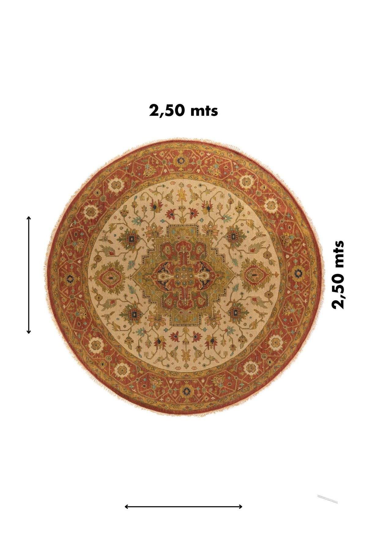Alfombra redonda de 2.50 metros por 2.50 metros con diseño oriental clásico en tonos beige y rojo.