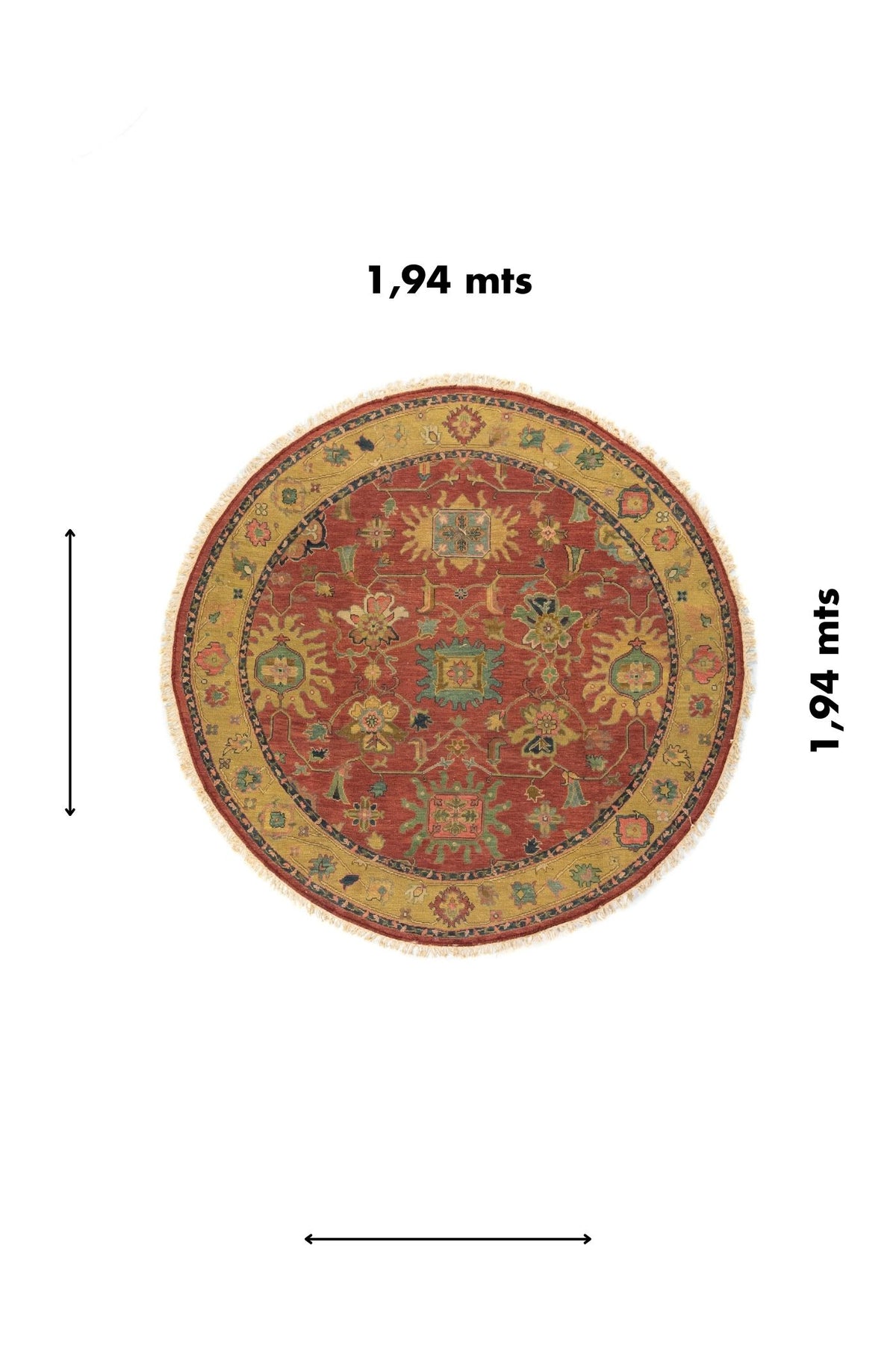 Alfombra redonda clásica de 1,94 metros en tonos rojo y dorado con diseño ornamental oriental.