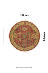 Alfombra redonda clásica de 1,94 metros en tonos rojo y dorado con diseño ornamental oriental.