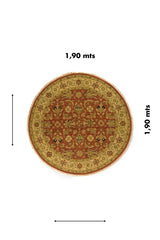 Alfombra redonda clásica de 1,90 metros en tonos rojo y beige con diseño floral oriental.