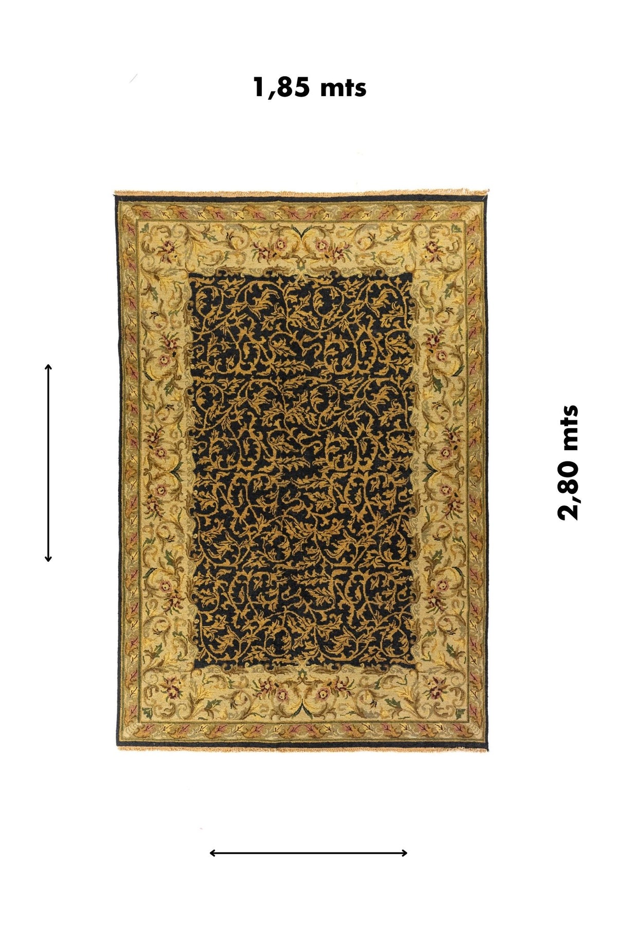 Alfombra rectangular clásica de 1.85 x 2.80 metros con fondo azul oscuro, patrón vegetal dorado y marco floral decorativo