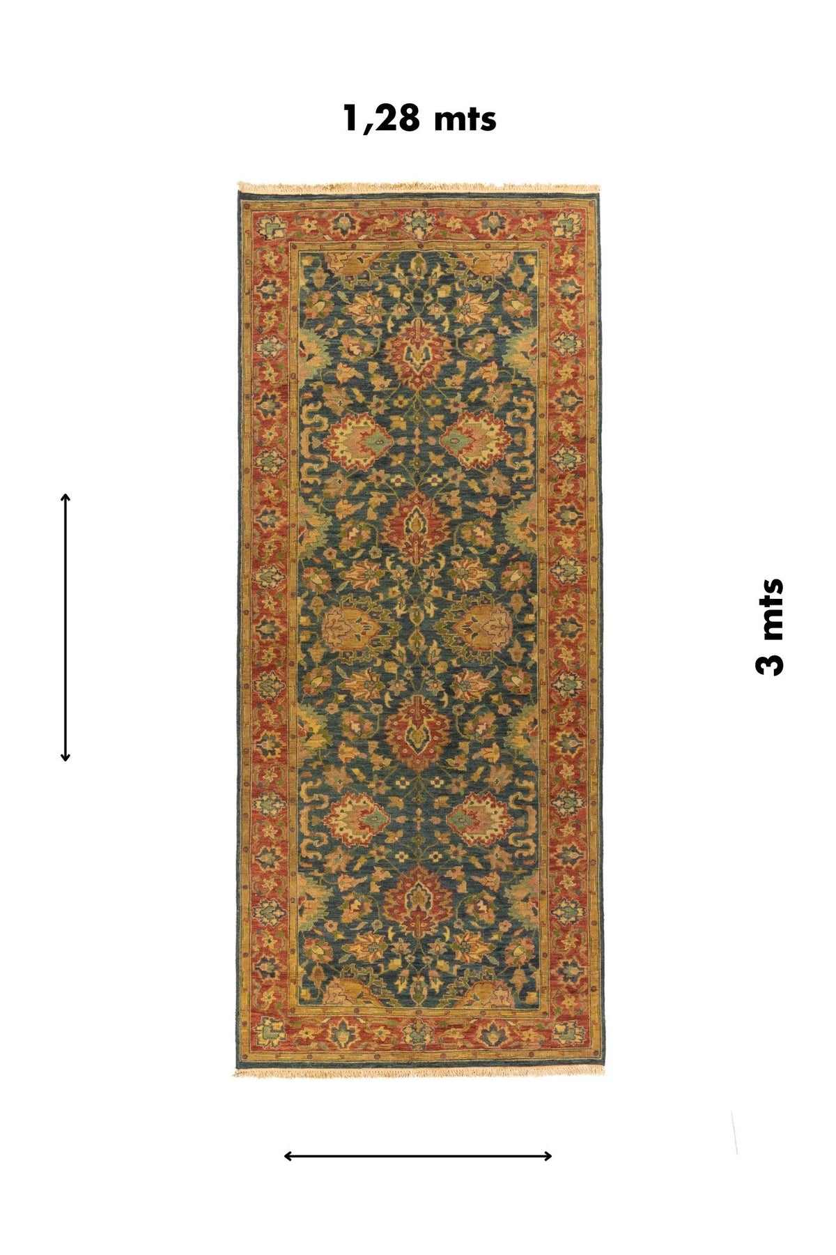 Alfombra pasillera clásica de 1.28 x 3 metros con fondo azul, flores estilizadas y borde rojo decorativo