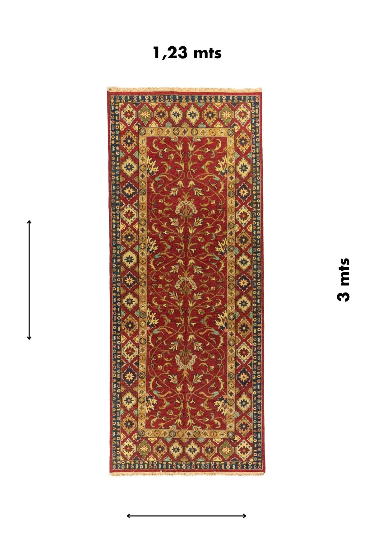 Alfombra pasillera clásica de 1.23 x 3 metros en rojo, beige y azul con diseño floral central y guarda geométrica