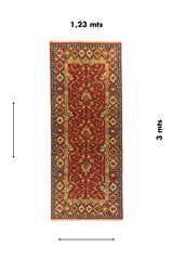 Alfombra pasillera clásica de 1.23 x 3 metros en rojo, beige y azul con diseño floral central y guarda geométrica