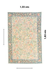 Alfombra floral rectangular de 1.22 x 1.83 metros en tonos pastel con fondo blanco suave y guarda azul