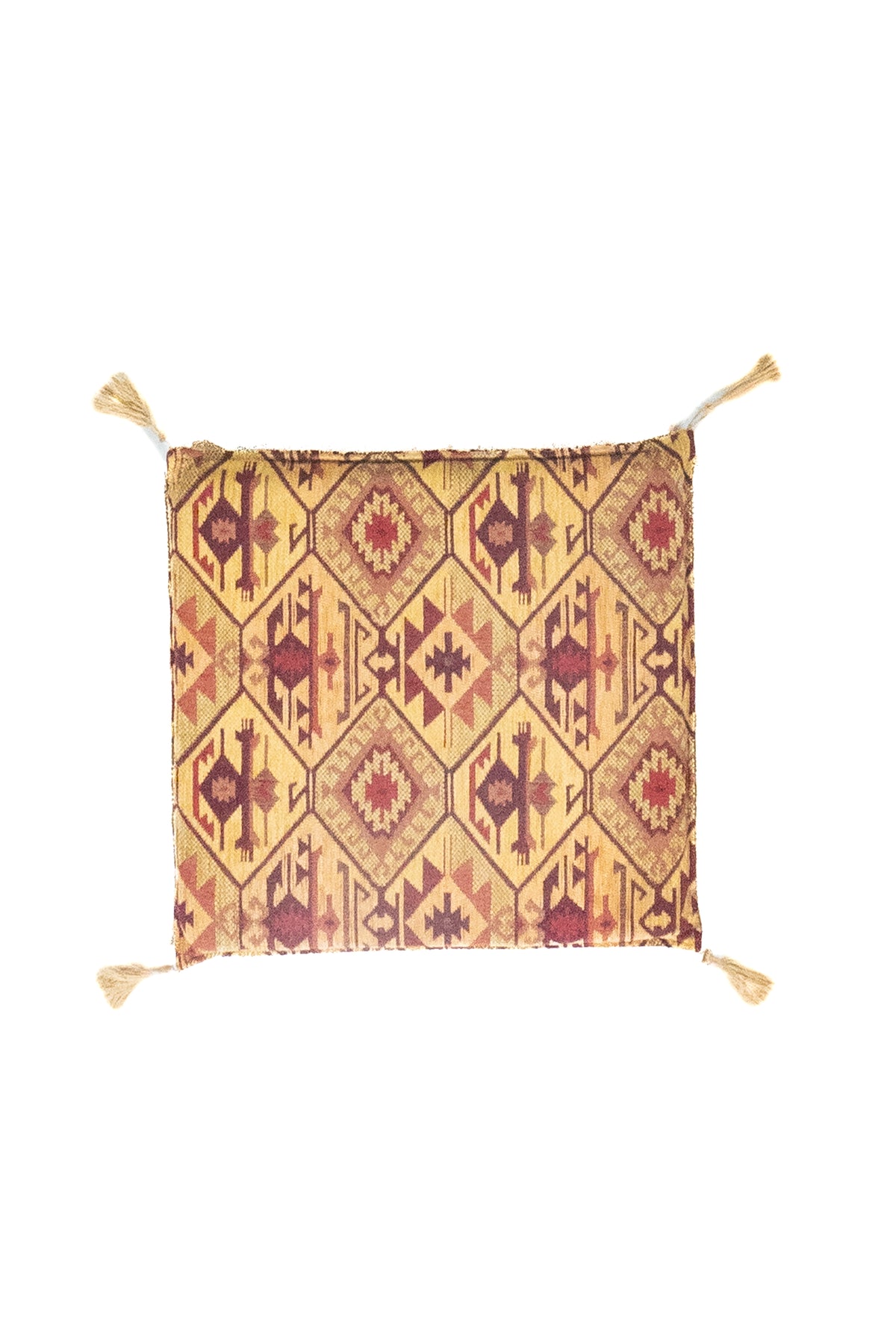 Almohadón cuadrado beige con diseño geométrico en tonos rojos