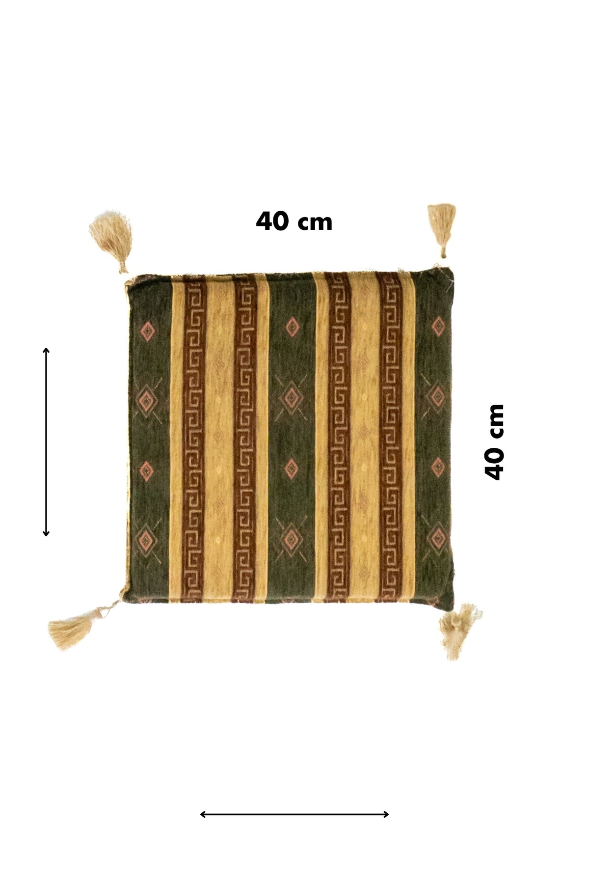 Almohadón verde de 40 x 40 cm con diseño de rayas verticales y motivos geométricos