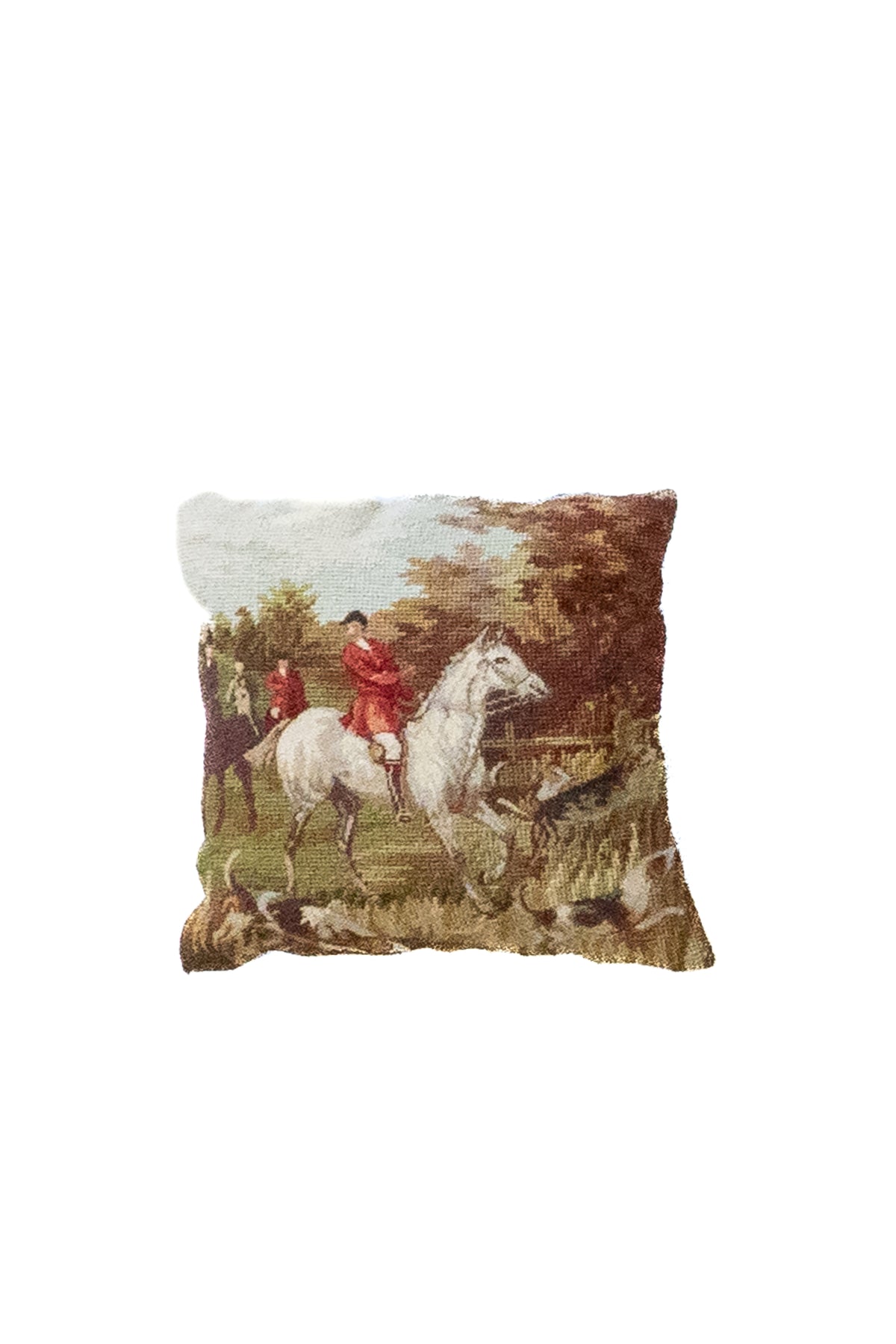 Almohadón persa gobelino con escena ecuestre, caballo blanco y paisaje campestre