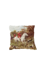 Almohadón persa gobelino con escena ecuestre, caballo blanco y paisaje campestre