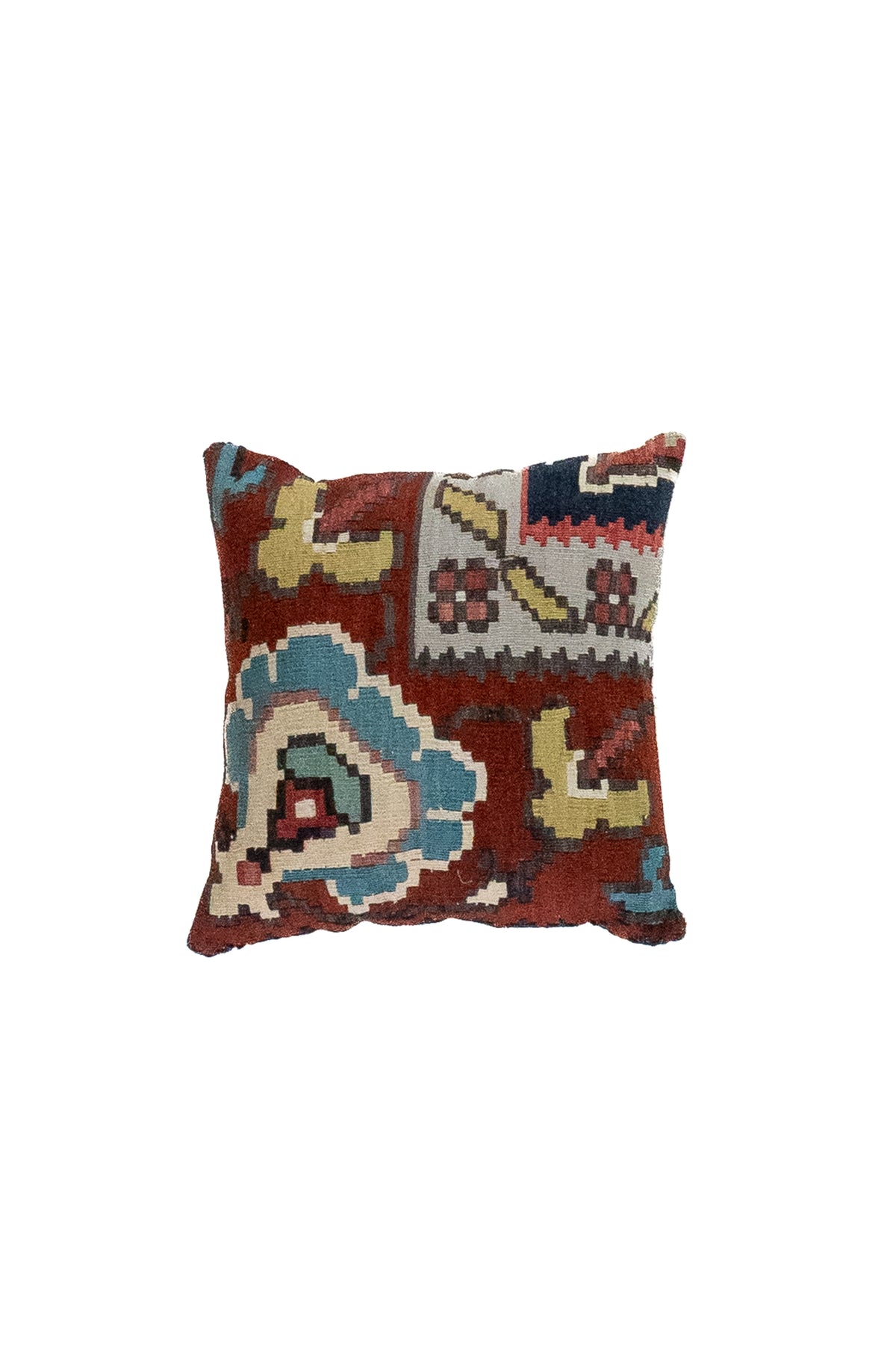 Almohadón persa kilim celeste y rojo con diseño geométrico