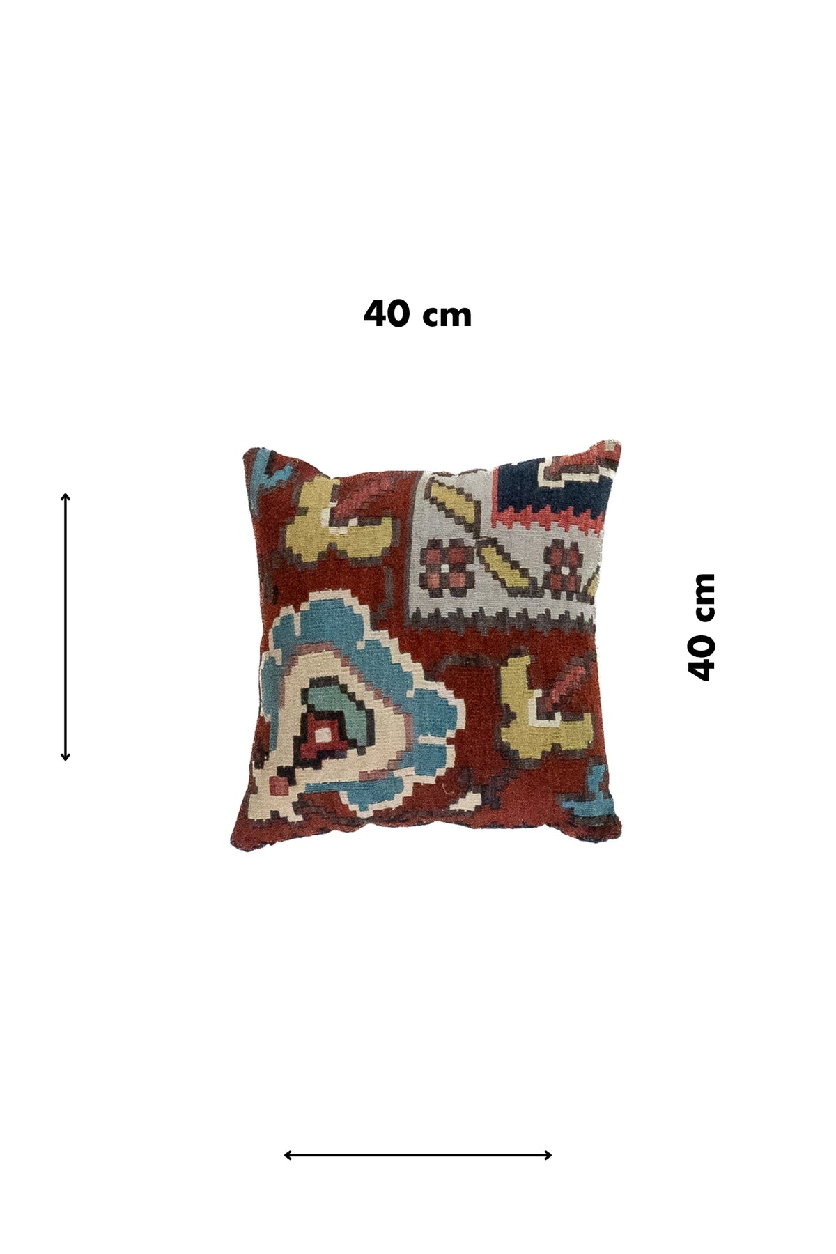 Almohadón cuadrado de 40 x 40 cm con diseño kilim geométrico en tonos celeste y rojo