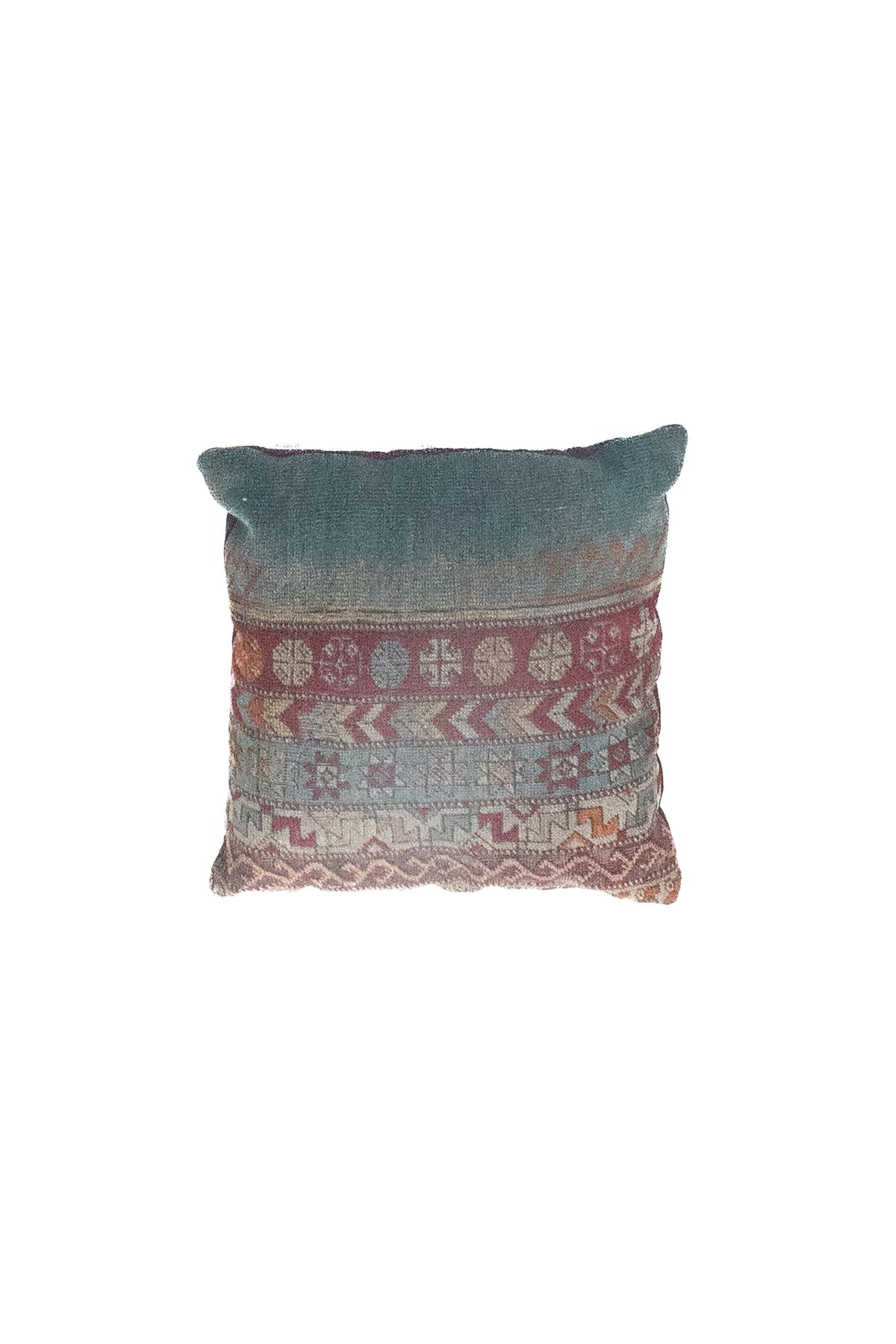 Almohadón persa kilim con diseño geométrico en tonos celeste y rojo 
