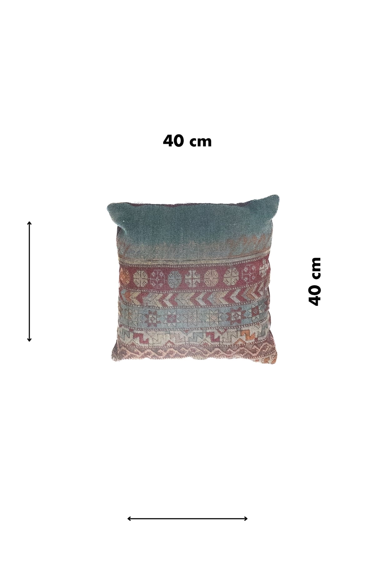 Almohadón cuadrado de 40 x 40 cm estilo persa kilim con diseño geométrico celeste y detalles cálidos