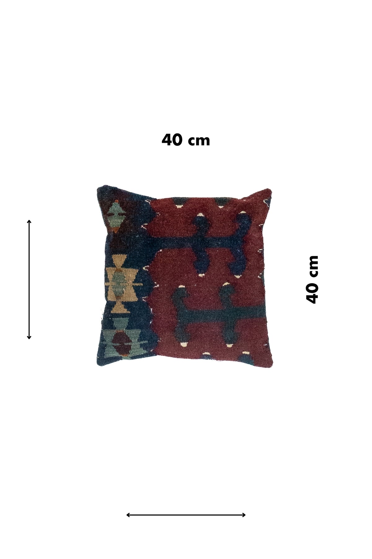 Almohadón cuadrado de 40 x 40 cm estilo persa kilim con diseño geométrico azul y tonos cálidos