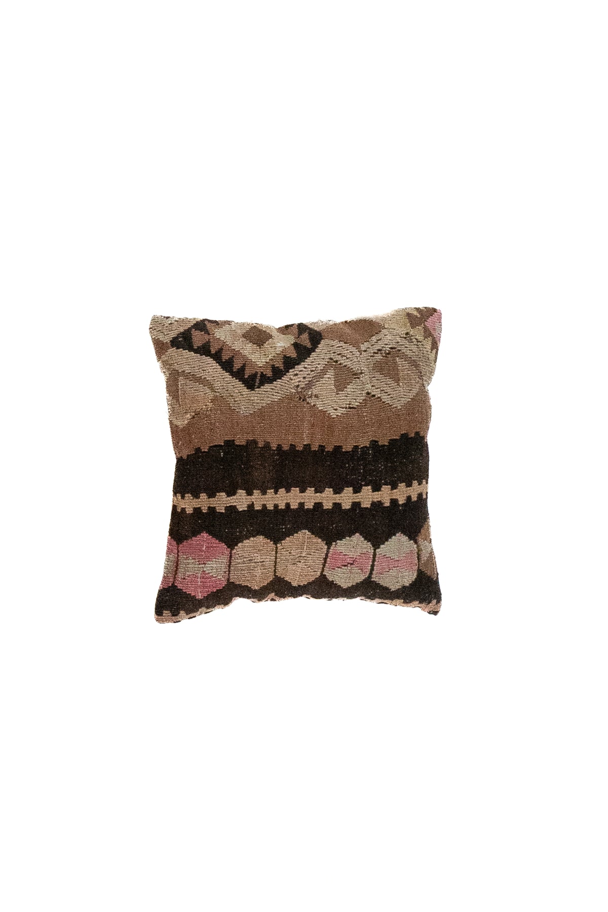 Almohadón persa kilim con diseño geométrico en marrón oscuro, beige y rosa
