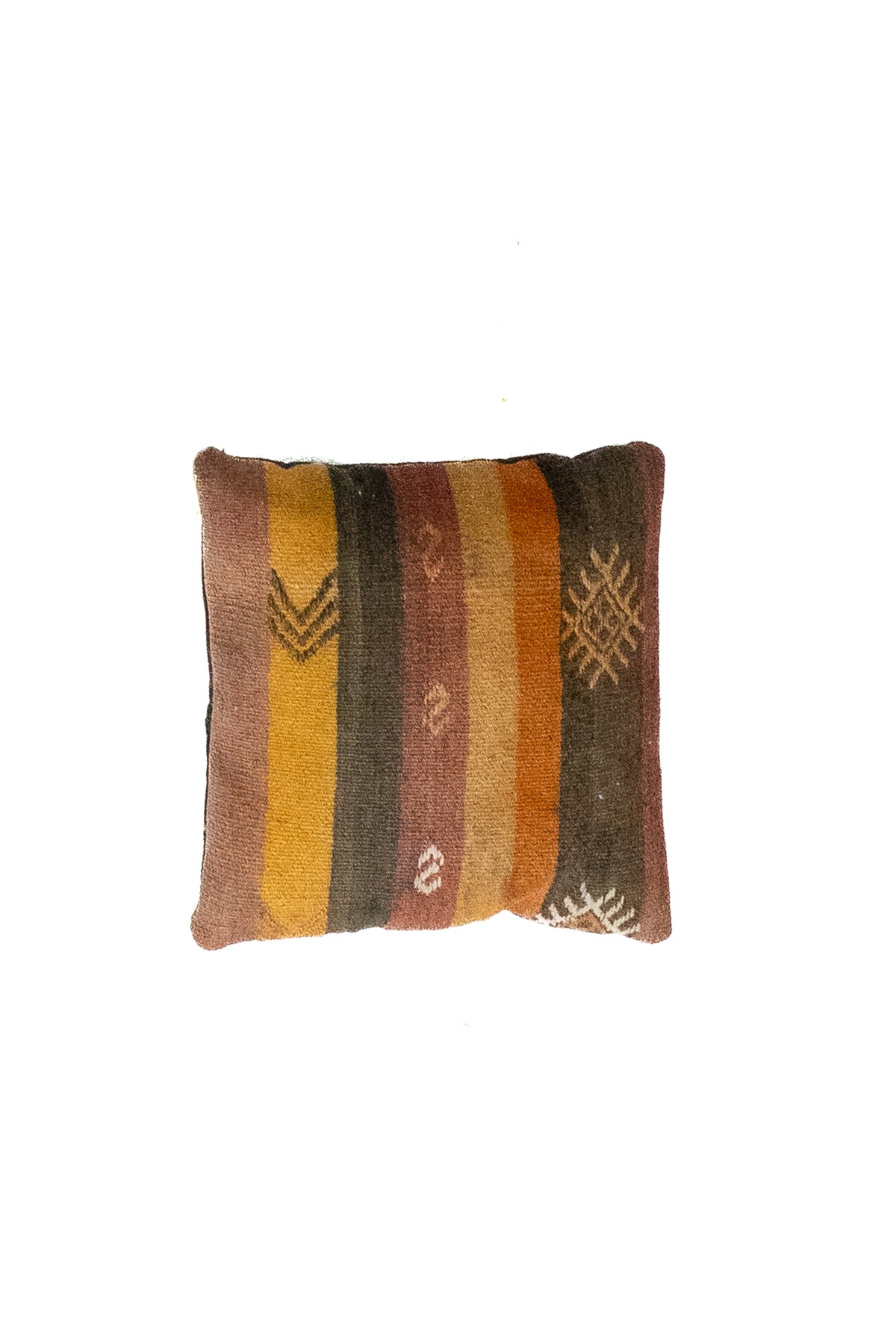 Almohadón persa kilim con diseño de rayas en tonos amarillo, marrón y verde.
