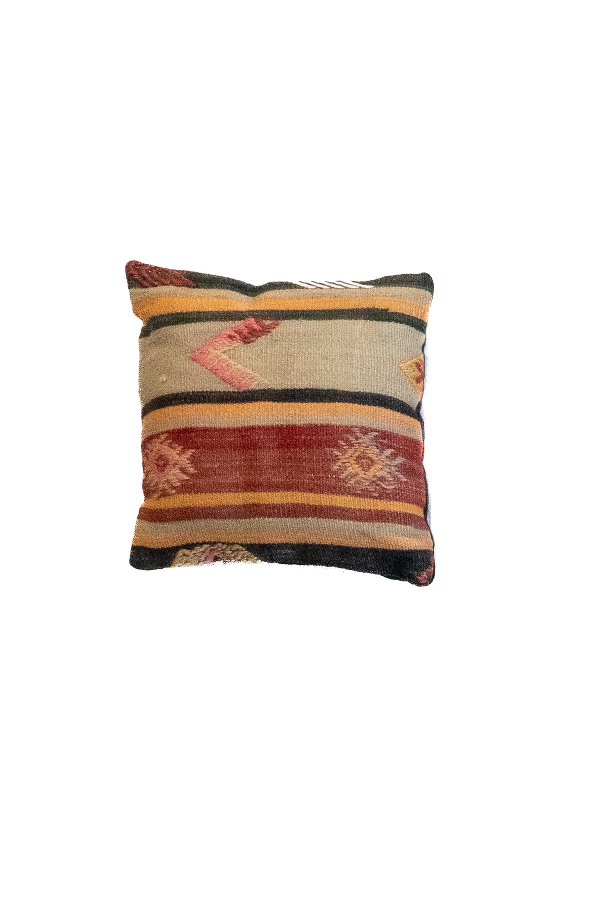 Almohadón persa kilim con rayas en tonos verde, beige y roja