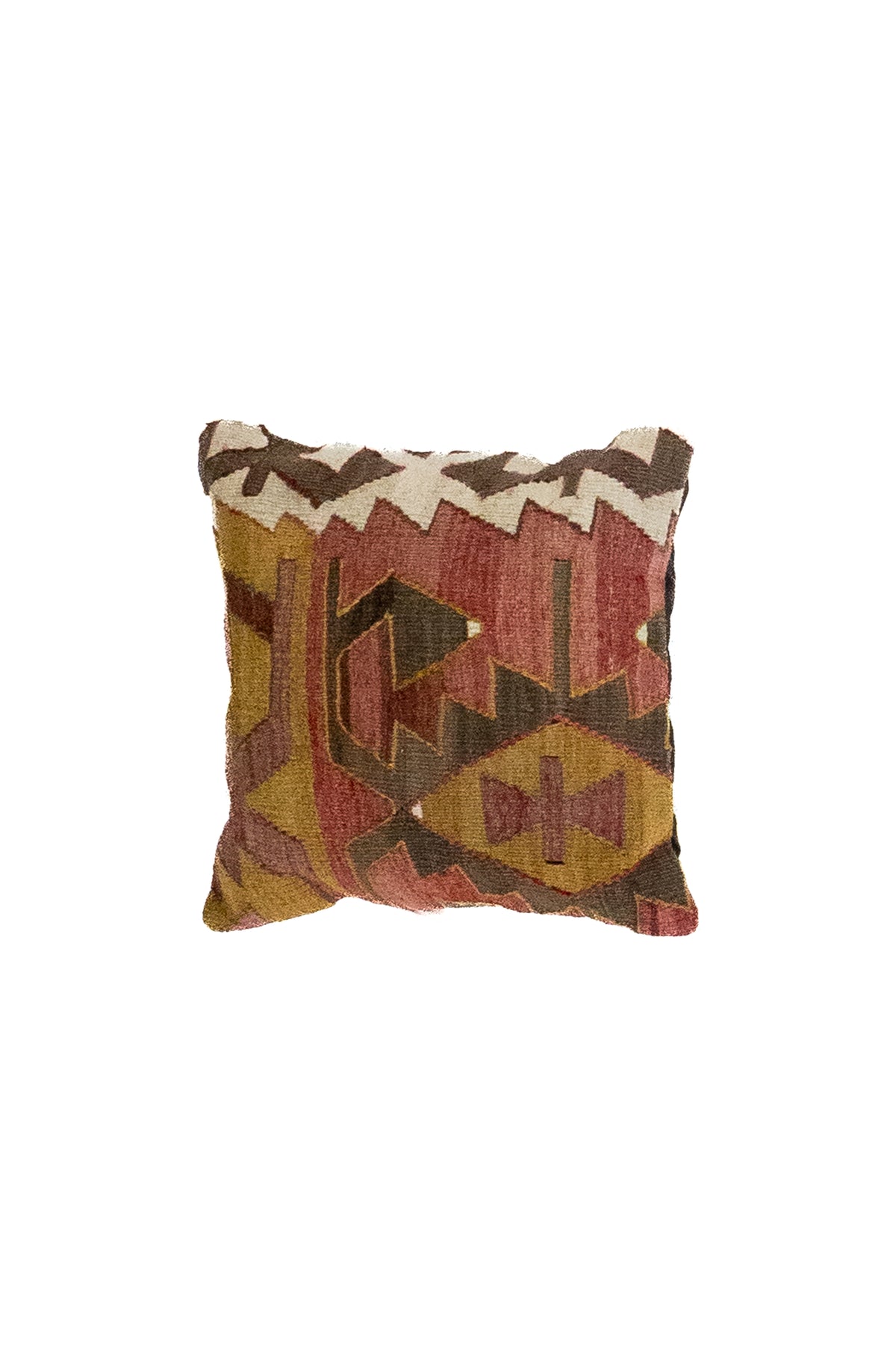 Almohadón persa kilim verde con diseño geométrico en tonos rojo