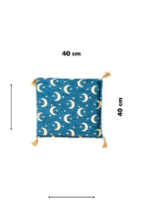 Almohadón celeste de 40 x 40 cm con diseño de lunas y estrellas doradas