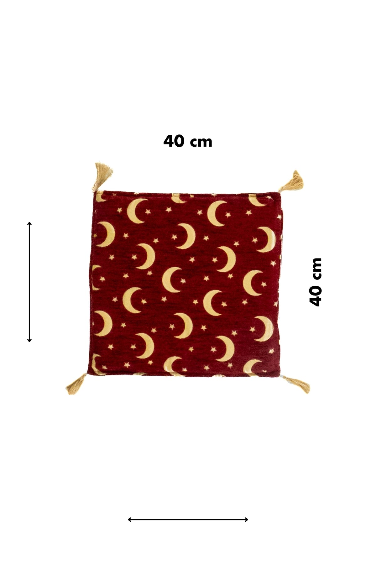 Almohadón rojo de 40 x 40 cm con diseño de lunas, estrellas y borlas decorativas