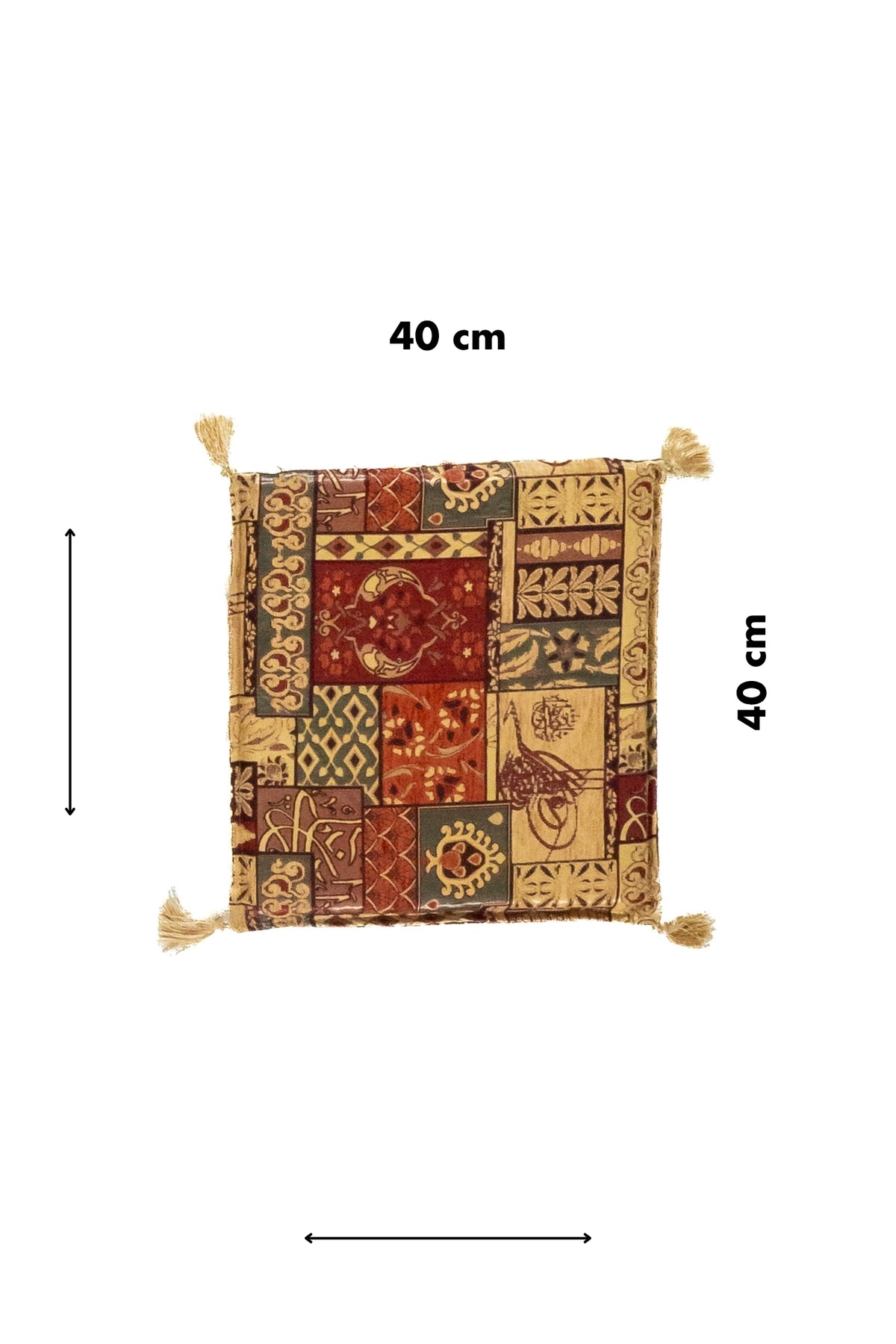 Almohadón patchwork de 40 x 40 cm con diseño multicolor y borlas decorativas