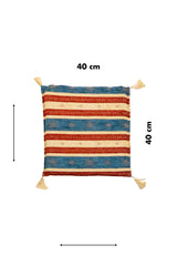 Almohadón azul de 40 x 40 cm con diseño de rayas horizontales y borlas decorativas
