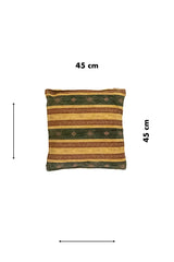 Almohadón beige de 45 x 45 cm con diseño de rayas horizontales y motivos geométricos