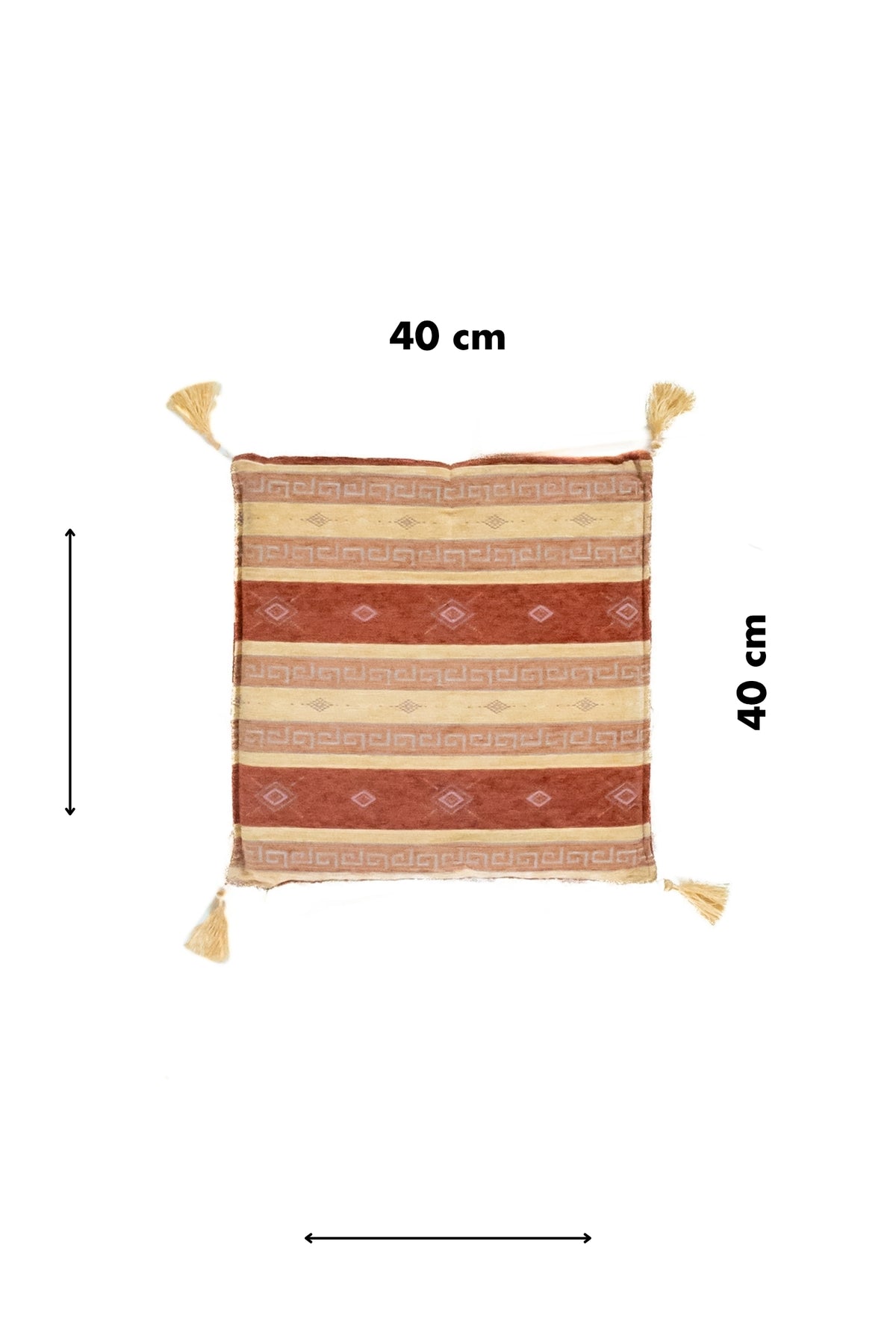 Almohadón beige de 40 x 40 cm con diseño de rayas horizontales y motivos geométricos