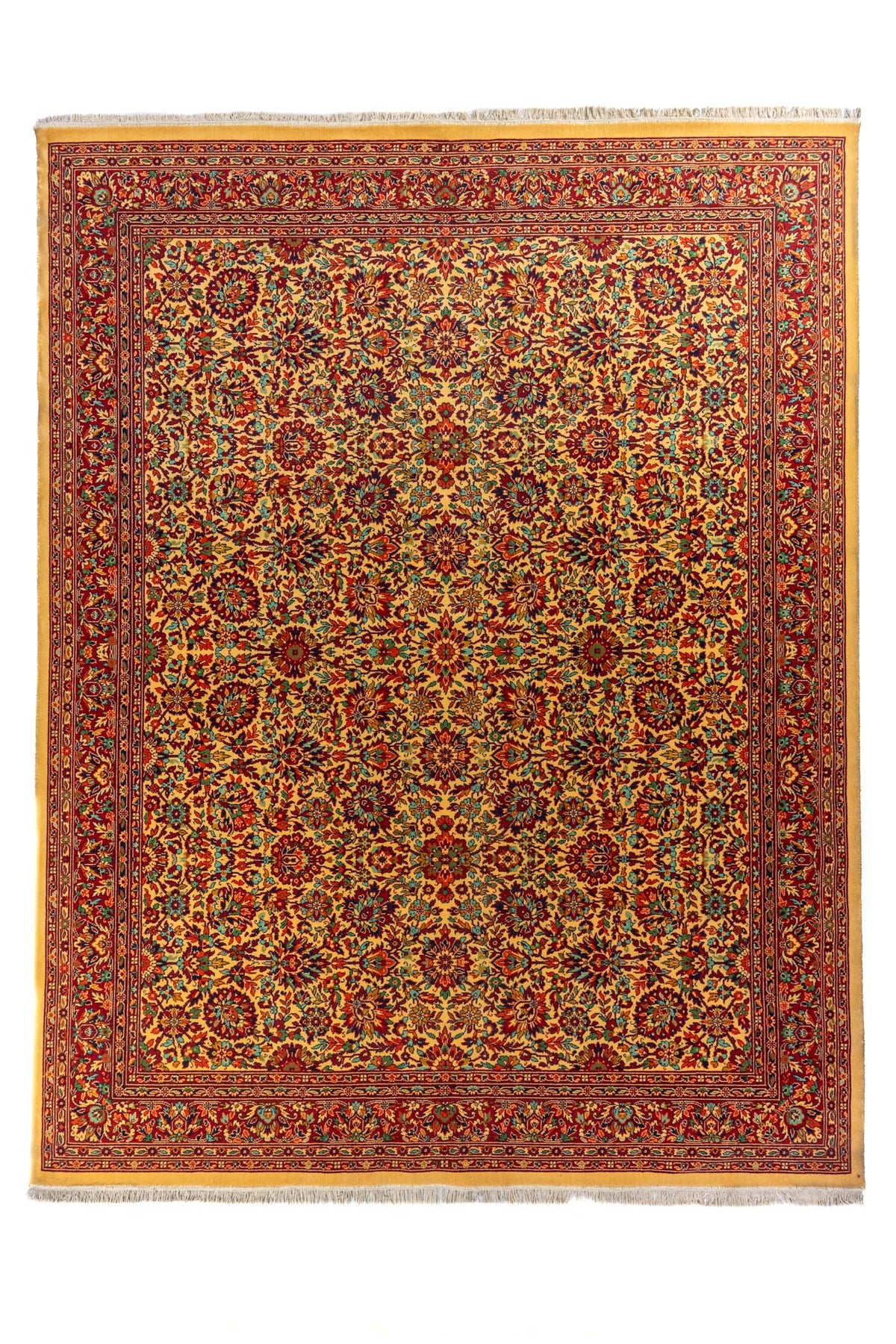 Vista superior completa de alfombra persa de 3x4 metros con intrincado diseño floral en tonos rojos, beige, verdes y azules.