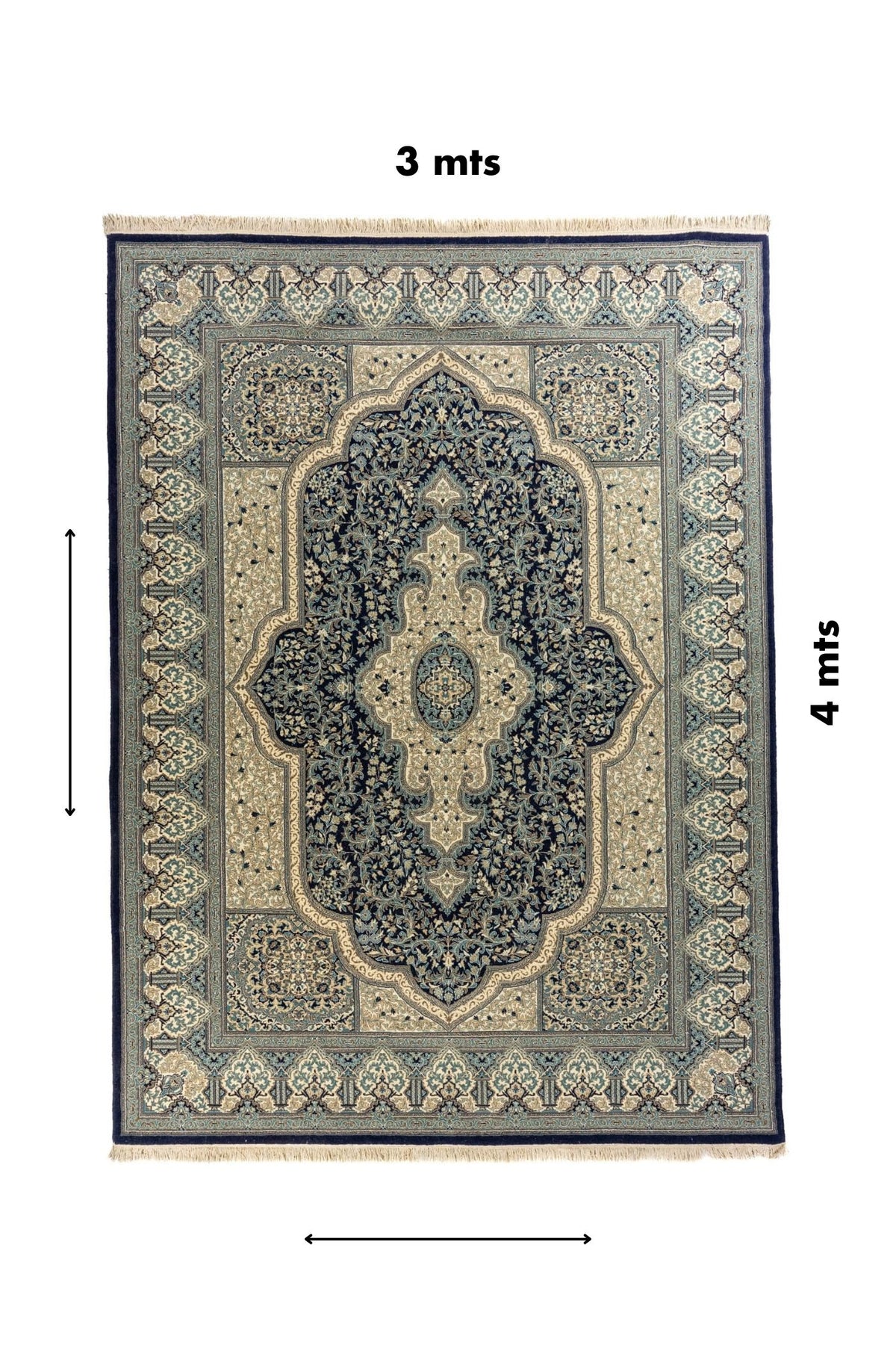 Alfombra persa azul con diseño floral y medidas de 3x4 metros vistas desde arriba