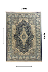 Alfombra persa azul con diseño floral y medidas de 3x4 metros vistas desde arriba
