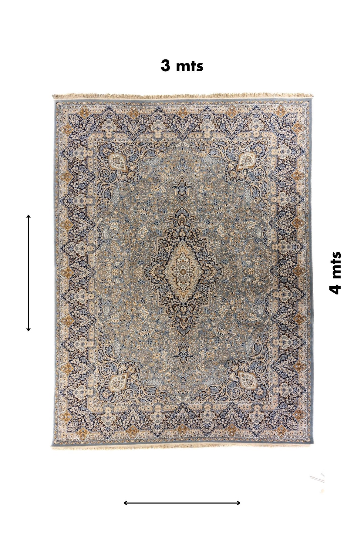 Alfombra persa de 3x4 metros extendida mostrando su patrón completo en tonos grises, azules y dorados sobre fondo beige.