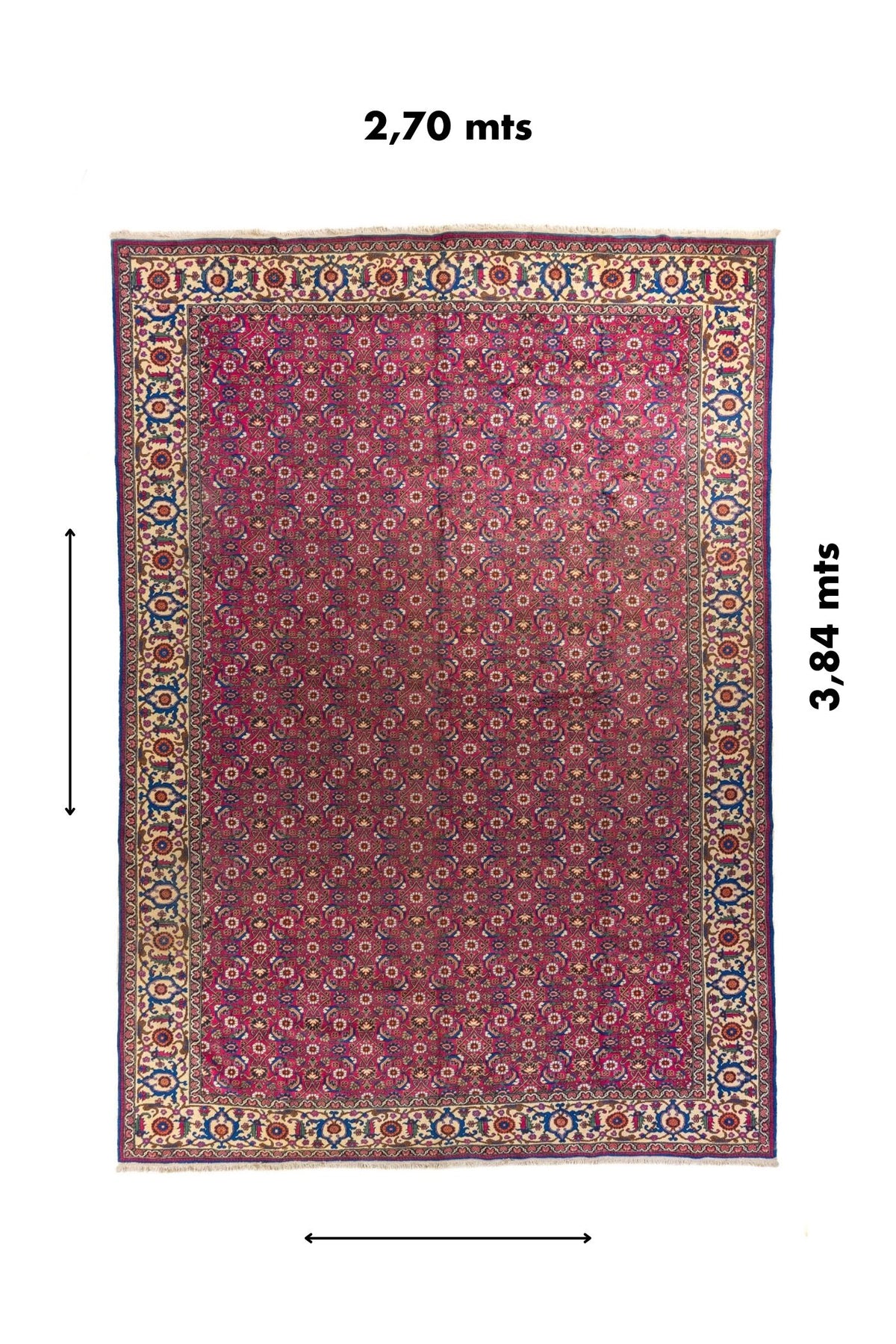 Alfombra clásica roja de 2.70 x 3.84 metros con diseño floral repetitivo y guarda beige ornamental