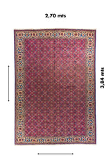 Alfombra clásica roja de 2.70 x 3.84 metros con diseño floral repetitivo y guarda beige ornamental