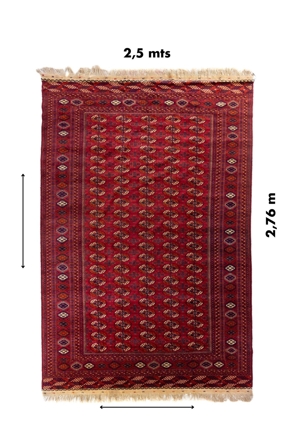 Alfombra oriental roja con medidas 2,5 x 2,76 metros y diseño repetitivo de medallones clásicos.