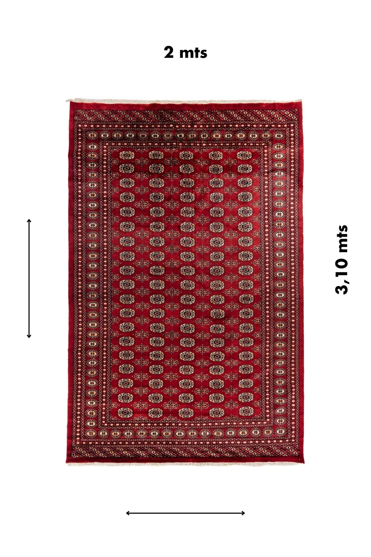 Alfombra Bokhara completa con diseño geométrico repetitivo mostrando dimensiones aproximadas de 2 x 3,10 metros.