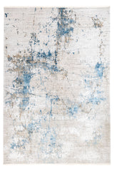 Vista completa de alfombra contemporánea con diseño abstracto en tonos azul, beige y blanco.